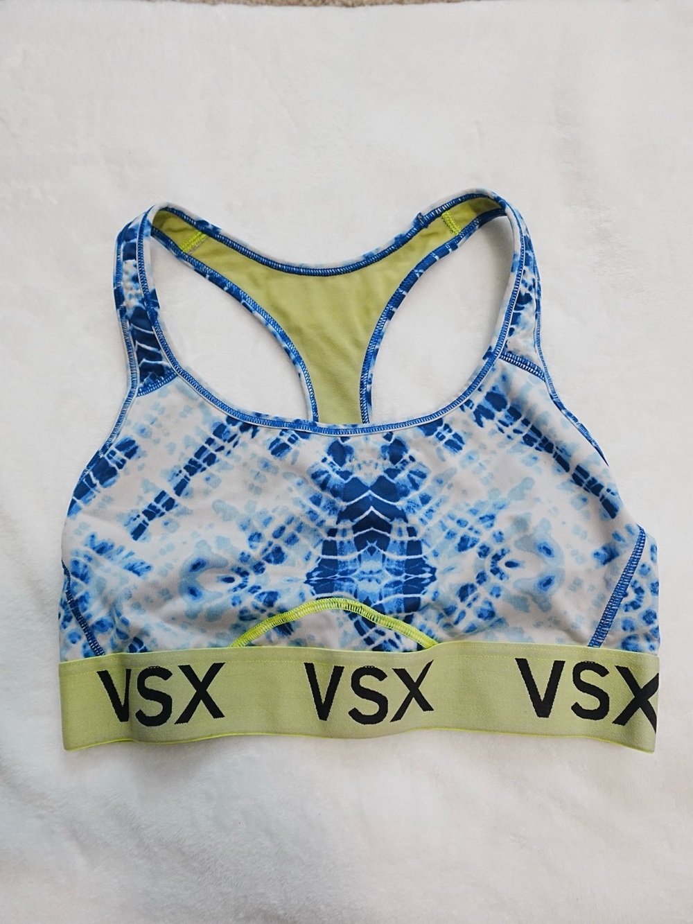 Victoria’s Secret Sport VSX Blue Tie-Dye Racerback Sports Bra with Lime Band - S
